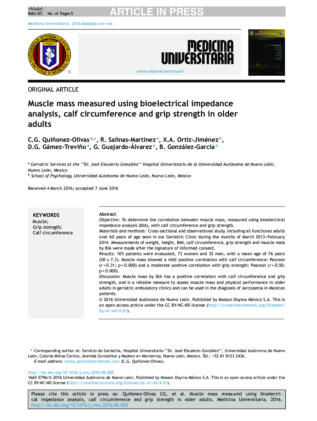 Muscle mass measured using bioelectrical impedance analysis, calf circumference and grip strength in older adults