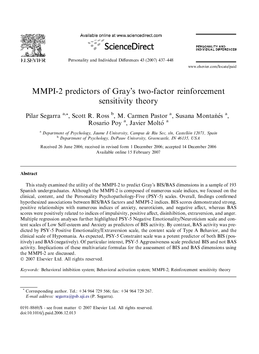 MMPI-2 predictors of Gray’s two-factor reinforcement sensitivity theory