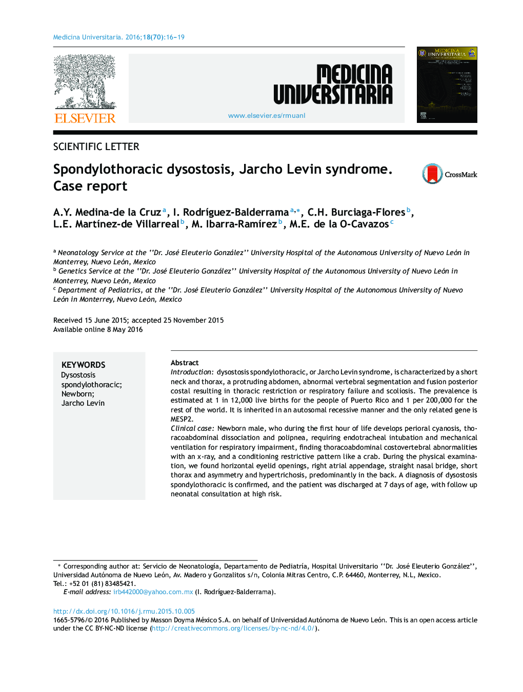 عکس صفحه اول مقاله: Spondylothoracic dysostosis, Jarcho Levin syndrome. Case report Spondylothoracic dysostosis, Jarcho Levin syndrome. Case report