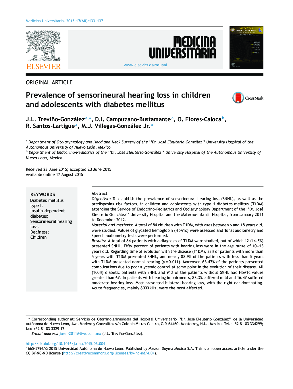 Prevalence of sensorineural hearing loss in children and adolescents with diabetes mellitus