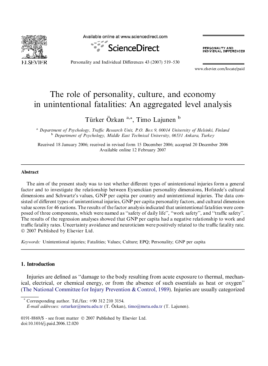 The role of personality, culture, and economy in unintentional fatalities: An aggregated level analysis