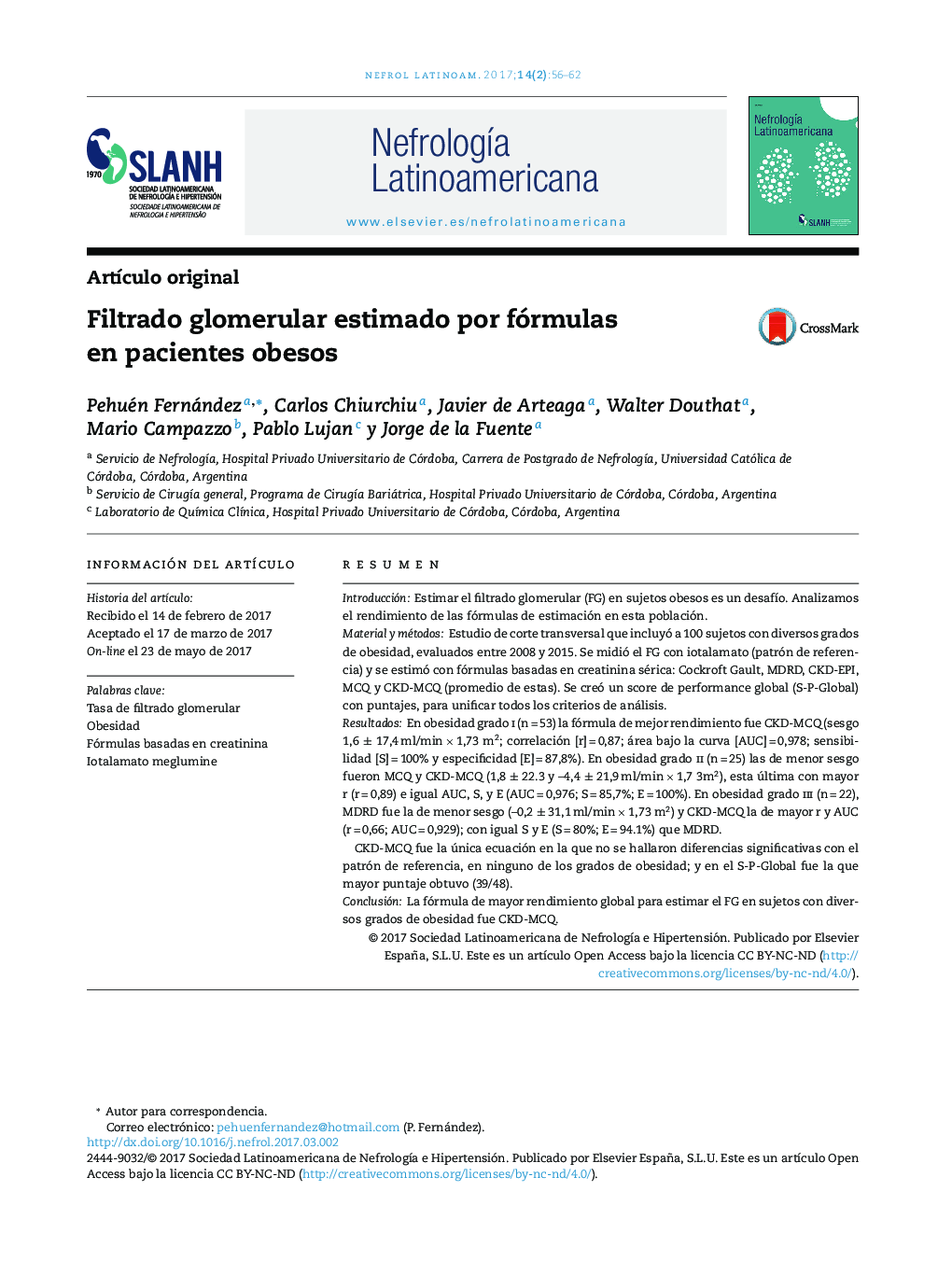 Filtrado glomerular estimado por fórmulas en pacientes obesos