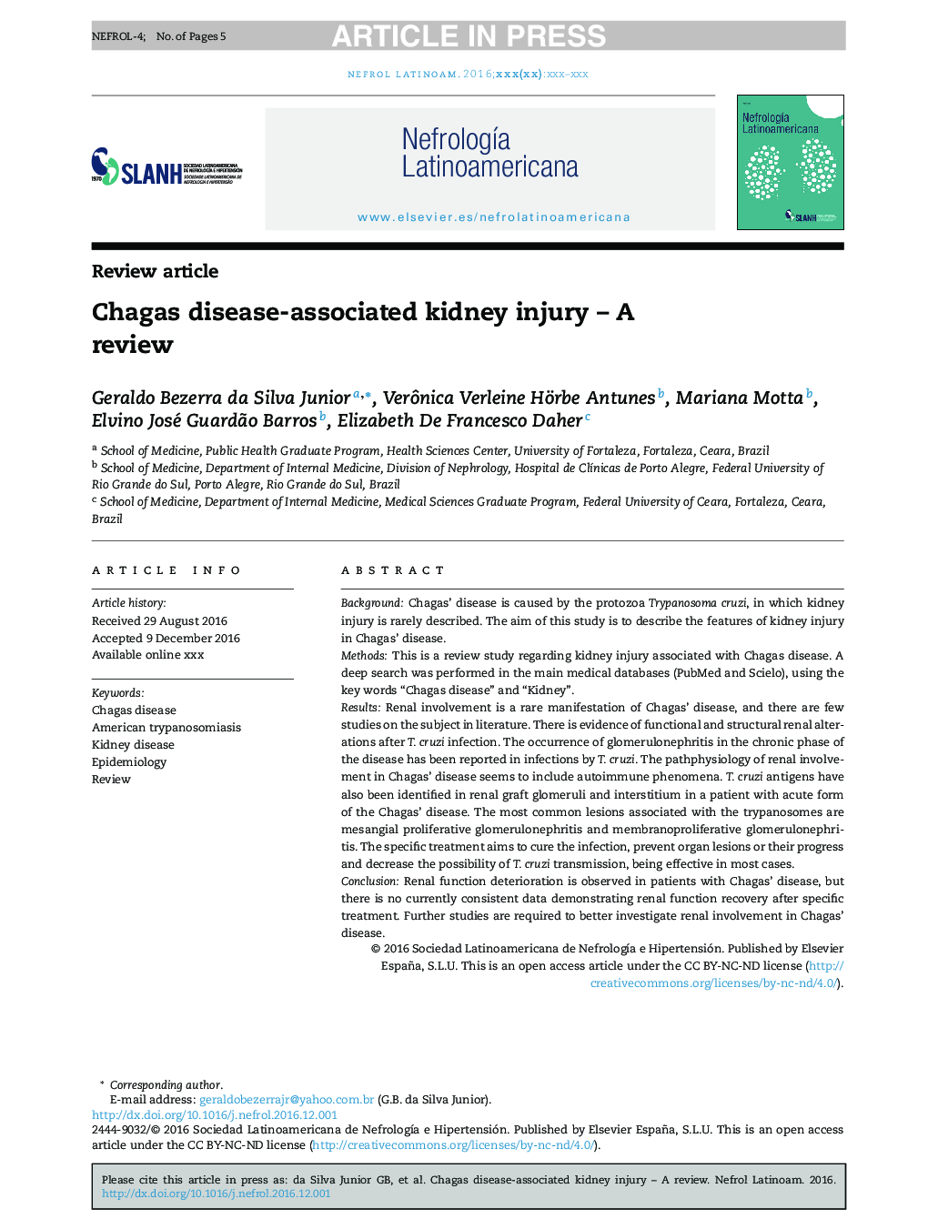 عکس صفحه اول مقاله: Chagas disease-associated kidney injury - A review Chagas disease-associated kidney injury - A review