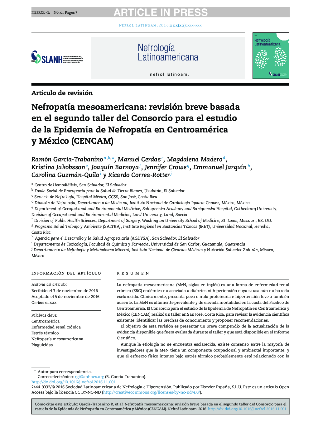 NefropatÃ­a mesoamericana: revisión breve basada en el segundo taller del Consorcio para el estudio de la Epidemia de NefropatÃ­a en Centroamérica y México (CENCAM)