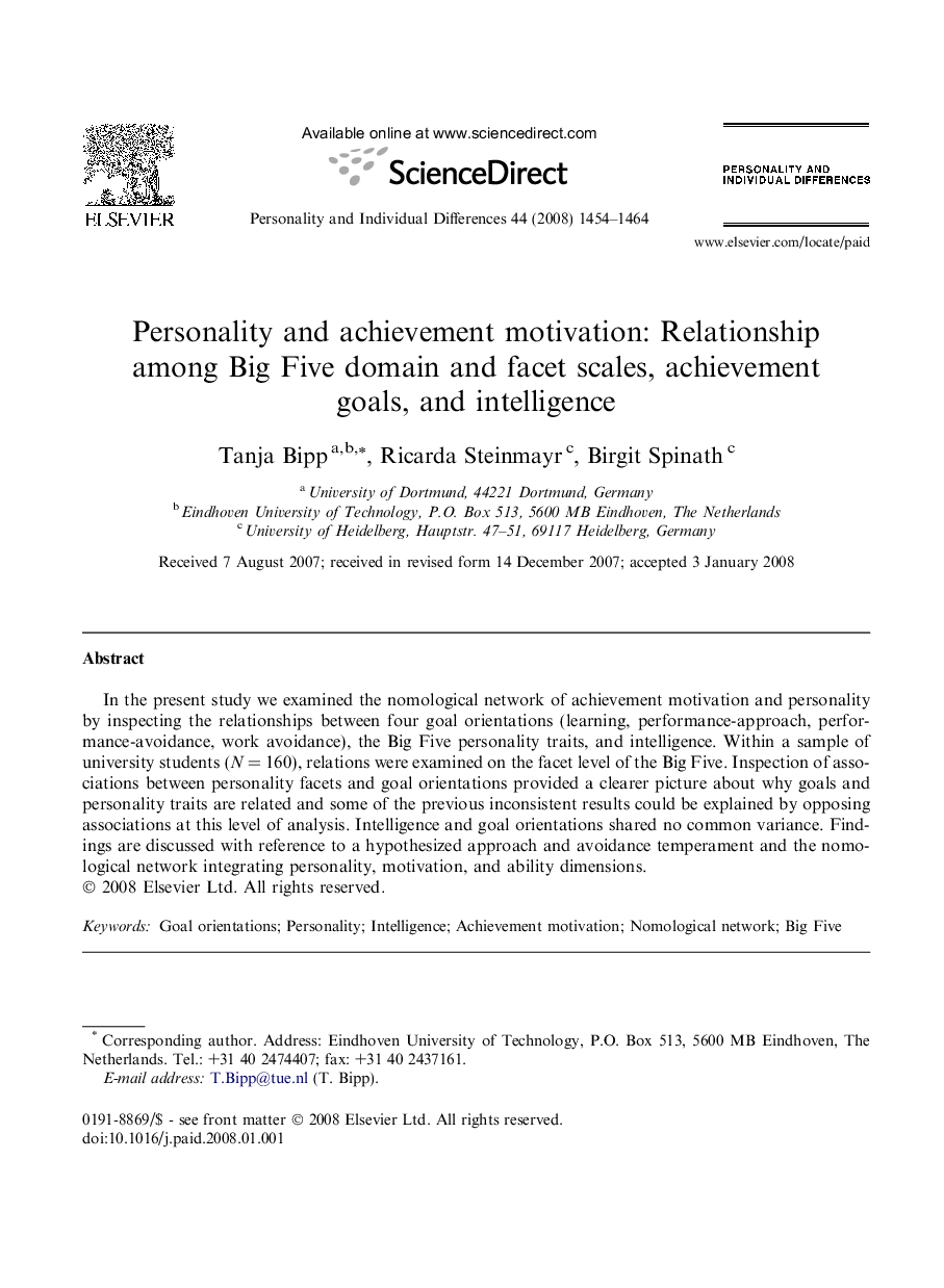 Personality and achievement motivation: Relationship among Big Five domain and facet scales, achievement goals, and intelligence