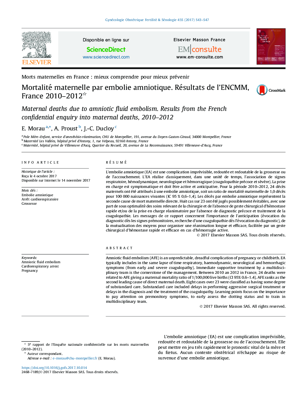 Mortalité maternelle par embolie amniotique. Résultats de l'ENCMM, France 2010-2012