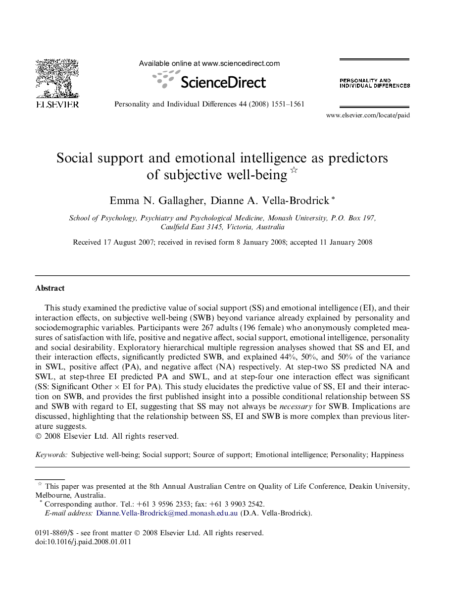 Social support and emotional intelligence as predictors of subjective well-being 