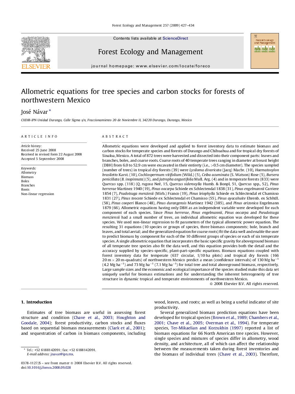 Allometric equations for tree species and carbon stocks for forests of northwestern Mexico