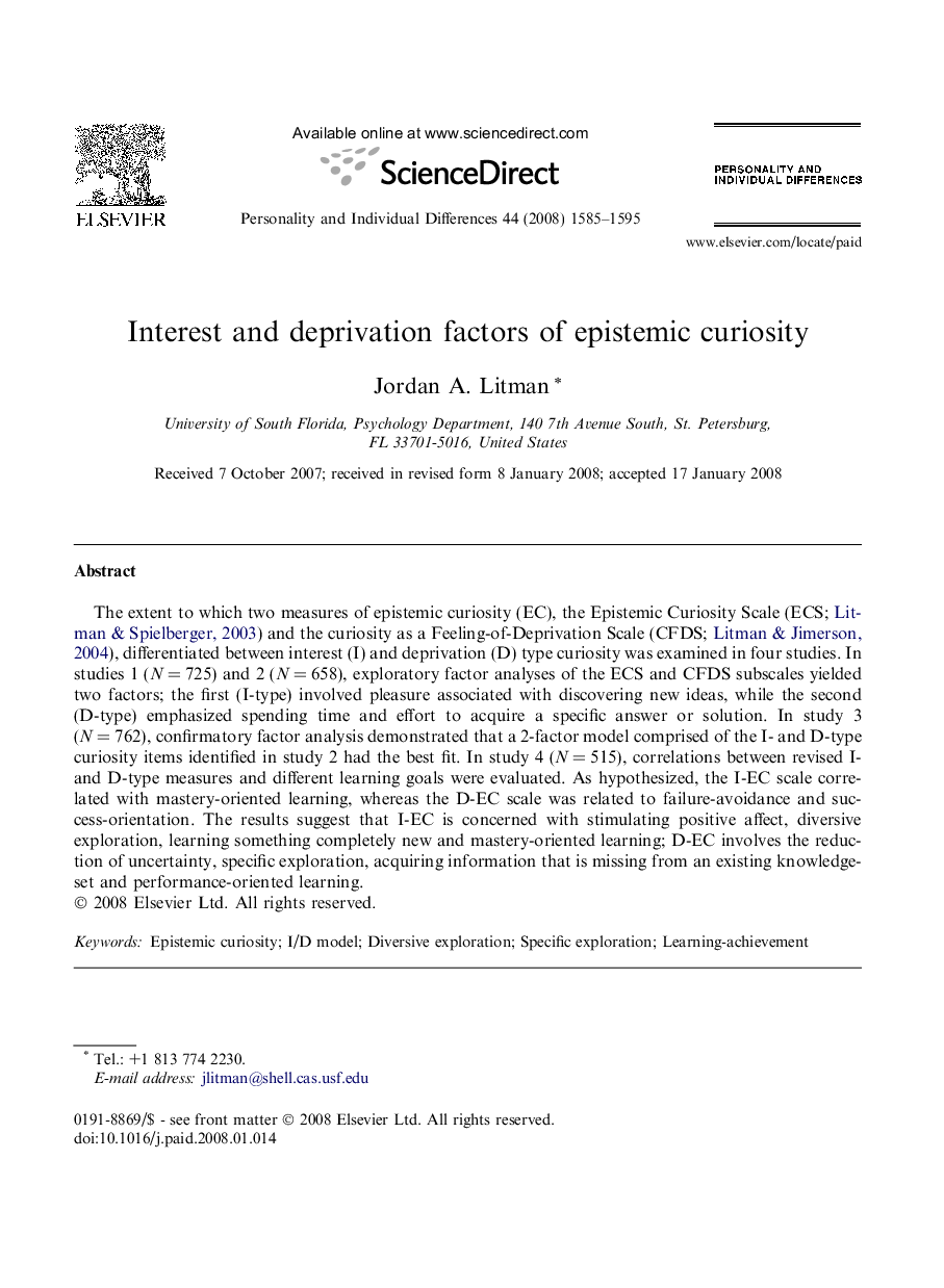 Interest and deprivation factors of epistemic curiosity