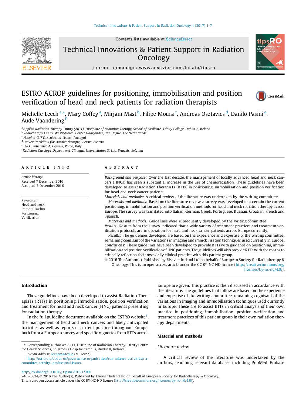 ESTRO ACROP guidelines for positioning, immobilisation and position verification of head and neck patients for radiation therapists