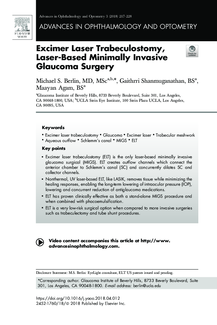 Excimer Laser Trabeculostomy, Laser-Based Minimally Invasive Glaucoma Surgery