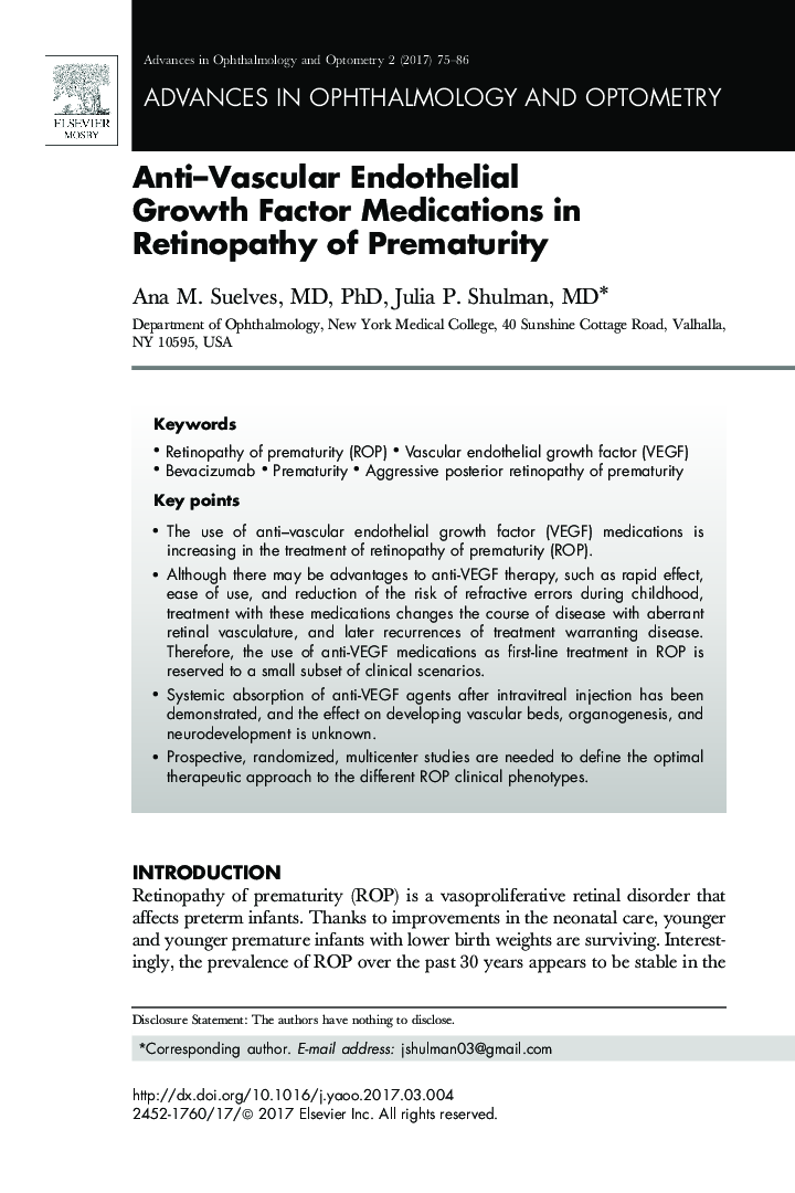 Anti-Vascular Endothelial Growth Factor Medications in Retinopathy of Prematurity