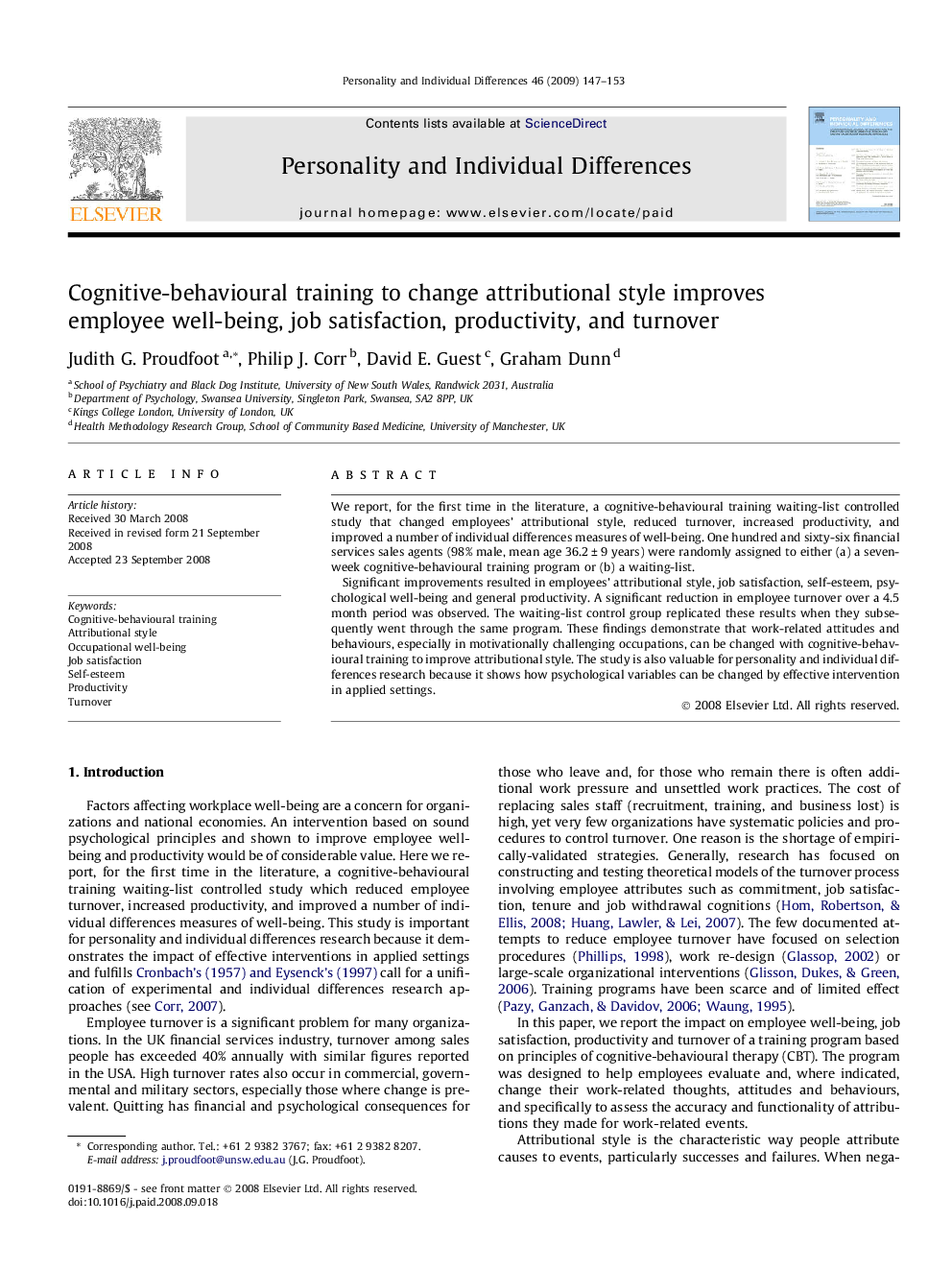 Cognitive-behavioural training to change attributional style improves employee well-being, job satisfaction, productivity, and turnover