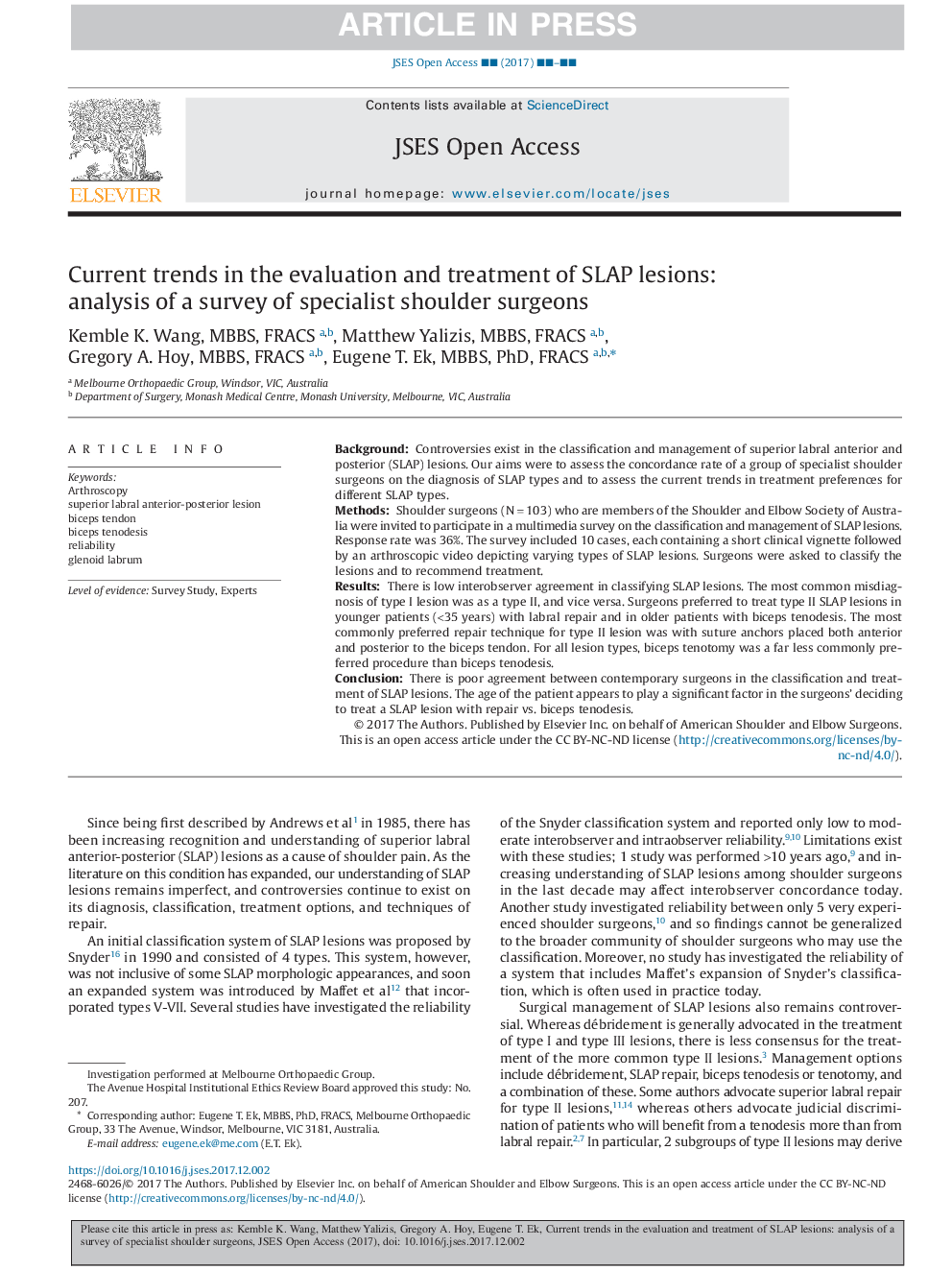 Current trends in the evaluation and treatment of SLAP lesions: analysis of a survey of specialist shoulder surgeons