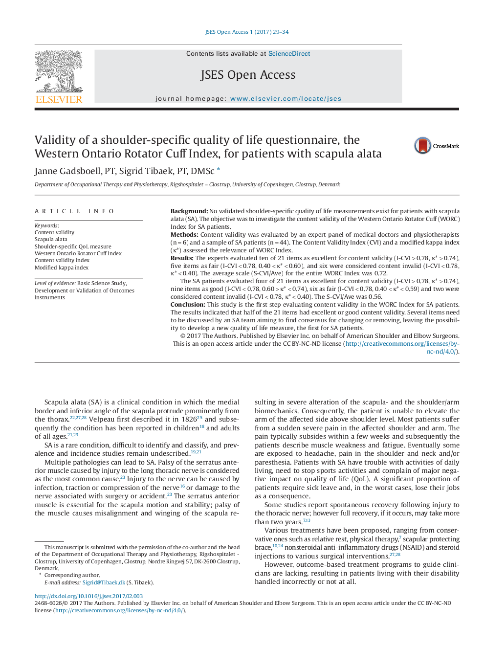 Validity of a shoulder-specific quality of life questionnaire, the Western Ontario Rotator Cuff Index, for patients with scapula alata