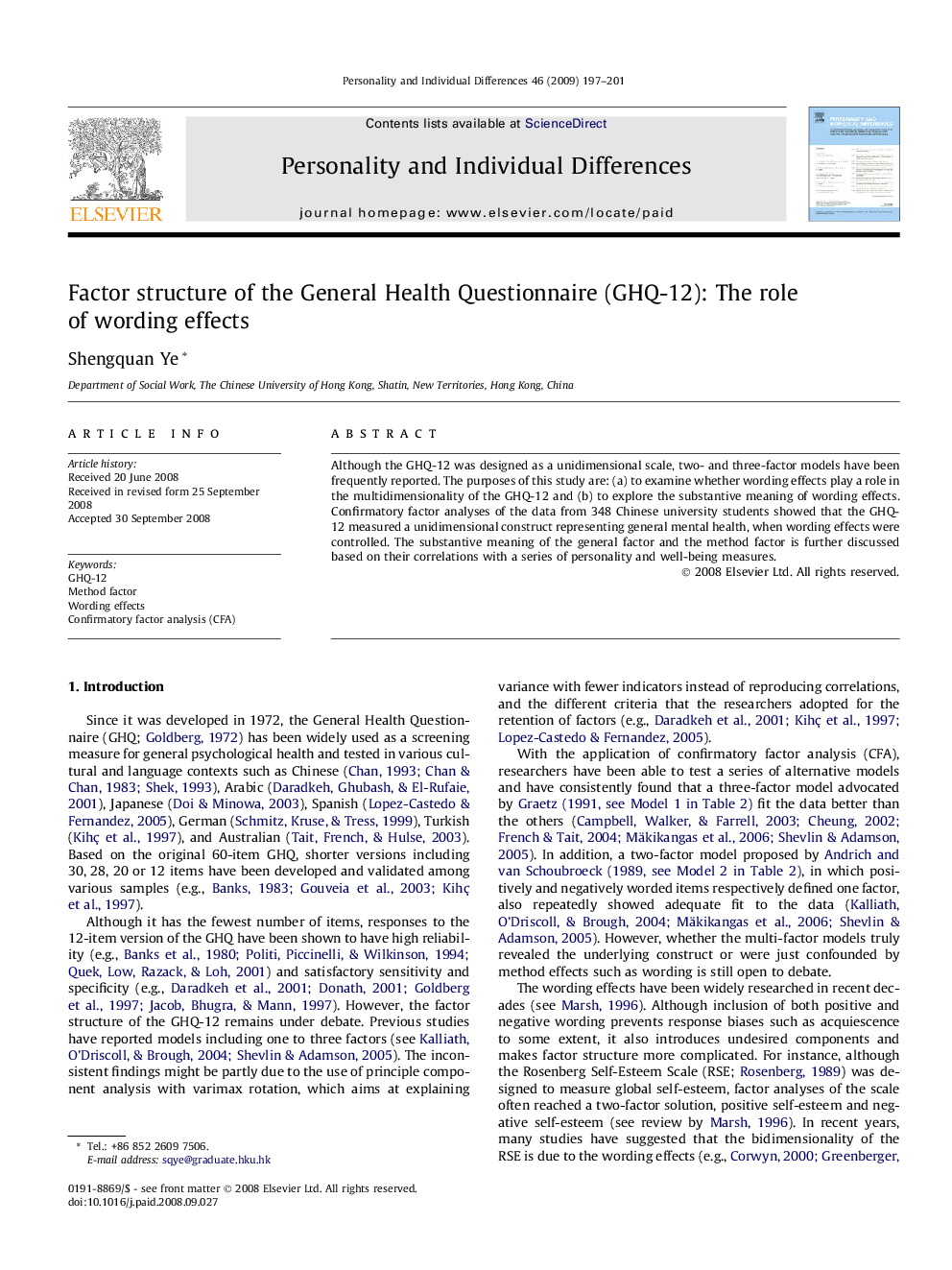 Factor structure of the General Health Questionnaire (GHQ-12): The role of wording effects