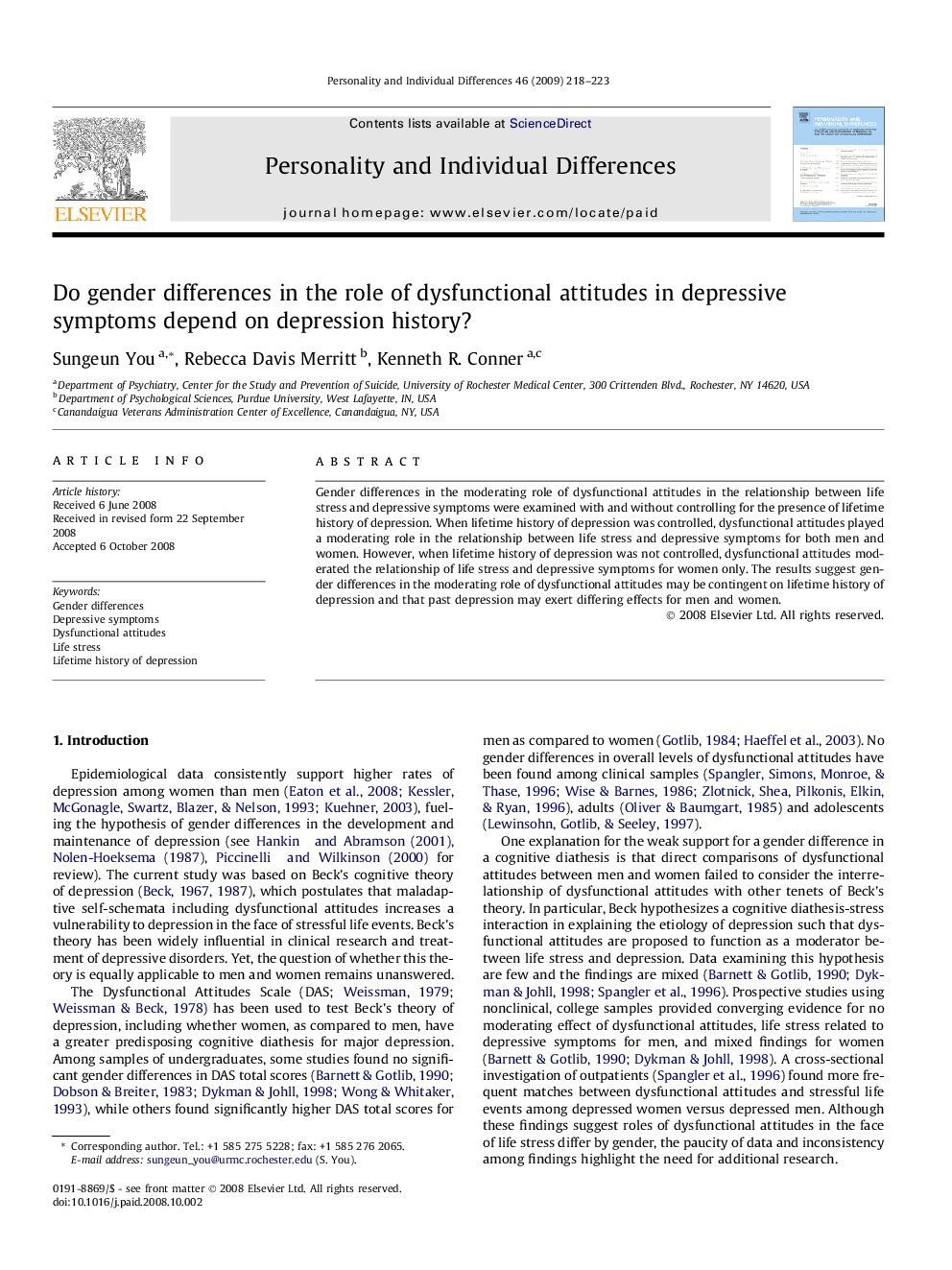 Do gender differences in the role of dysfunctional attitudes in depressive symptoms depend on depression history?