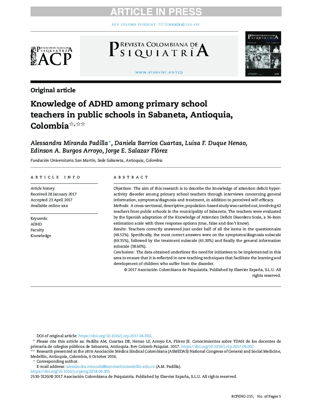 Knowledge of ADHD among primary school teachers in public schools in Sabaneta, Antioquia, Colombia