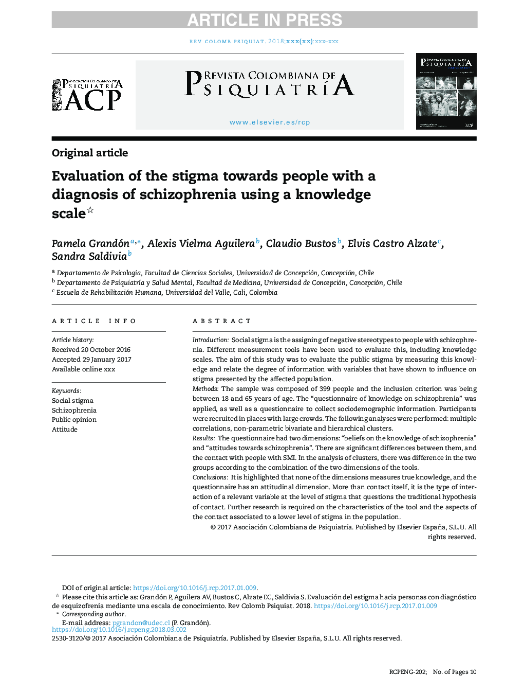 Evaluation of the stigma towards people with a diagnosis of schizophrenia using a knowledge scale