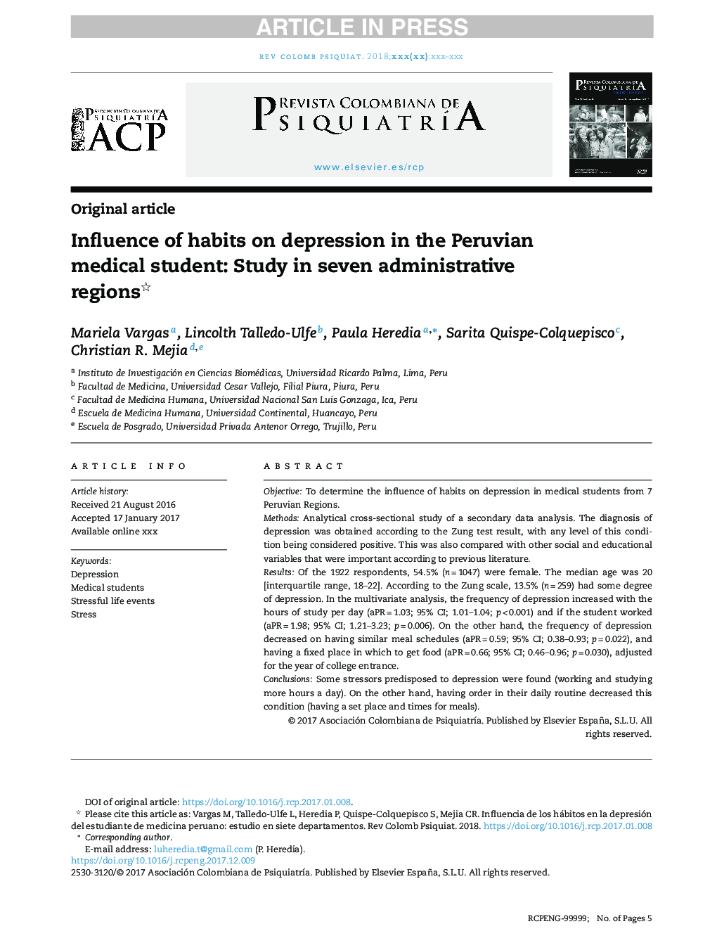 تأثیر عادات بر افسردگی در دانشجویان پزشکی پرو: مطالعه در هفت منطقه اداری