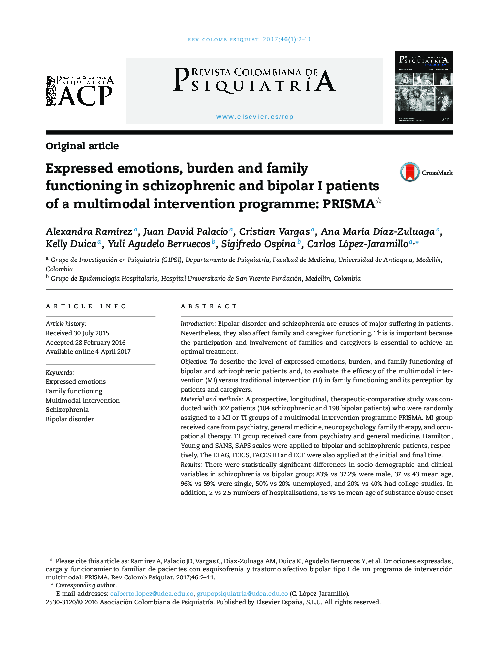 Expressed emotions, burden and family functioning in schizophrenic and bipolar I patients of a multimodal intervention programme: PRISMA