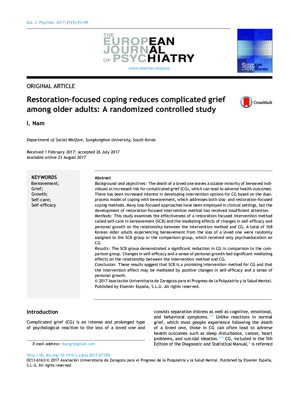 Restoration-focused coping reduces complicated grief among older adults: A randomized controlled study