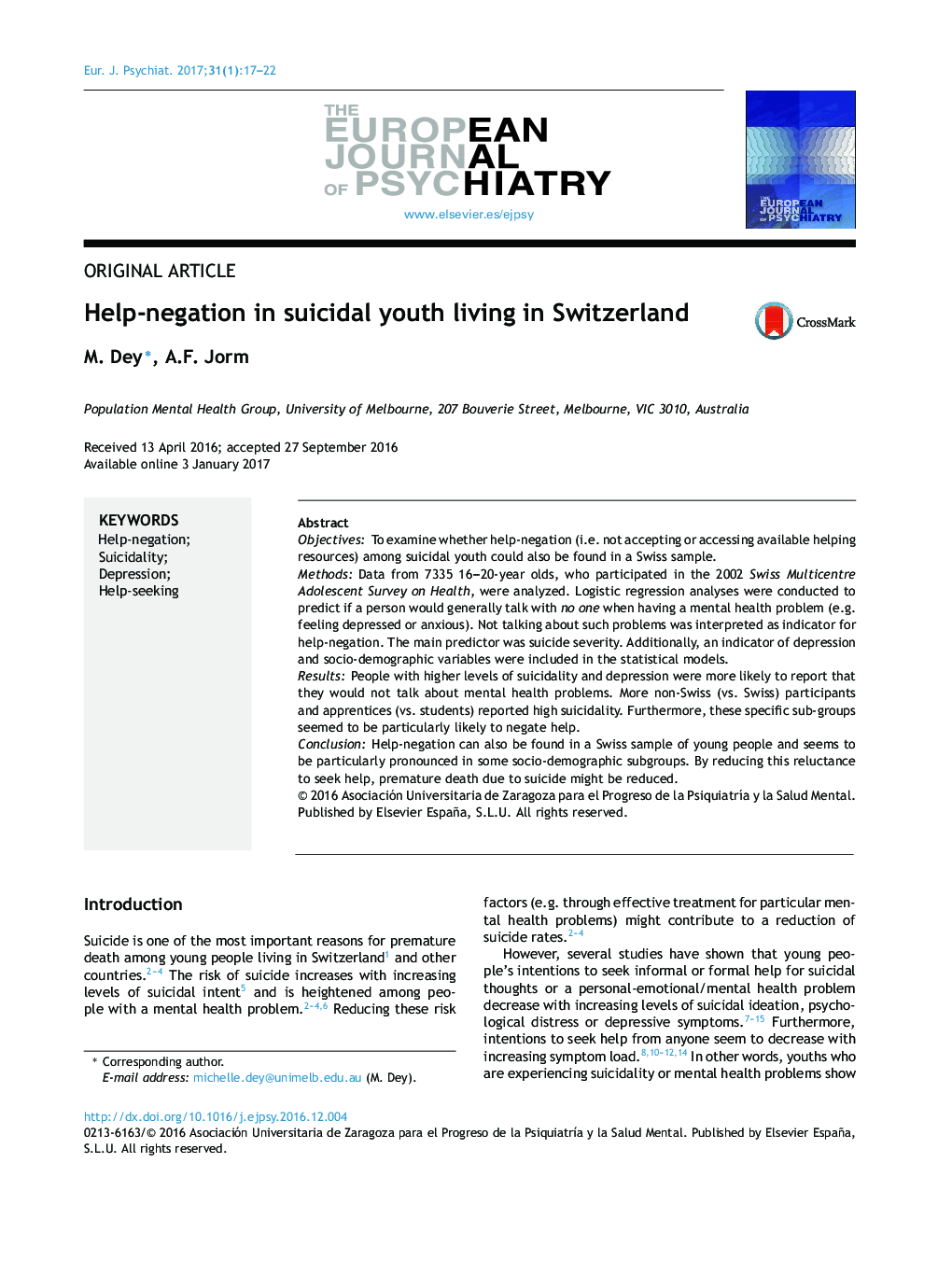 Help-negation in suicidal youth living in Switzerland