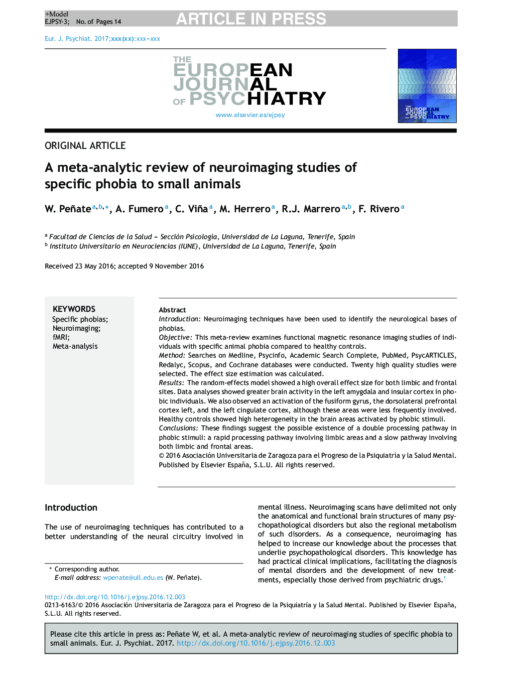 A meta-analytic review of neuroimaging studies of specific phobia to small animals