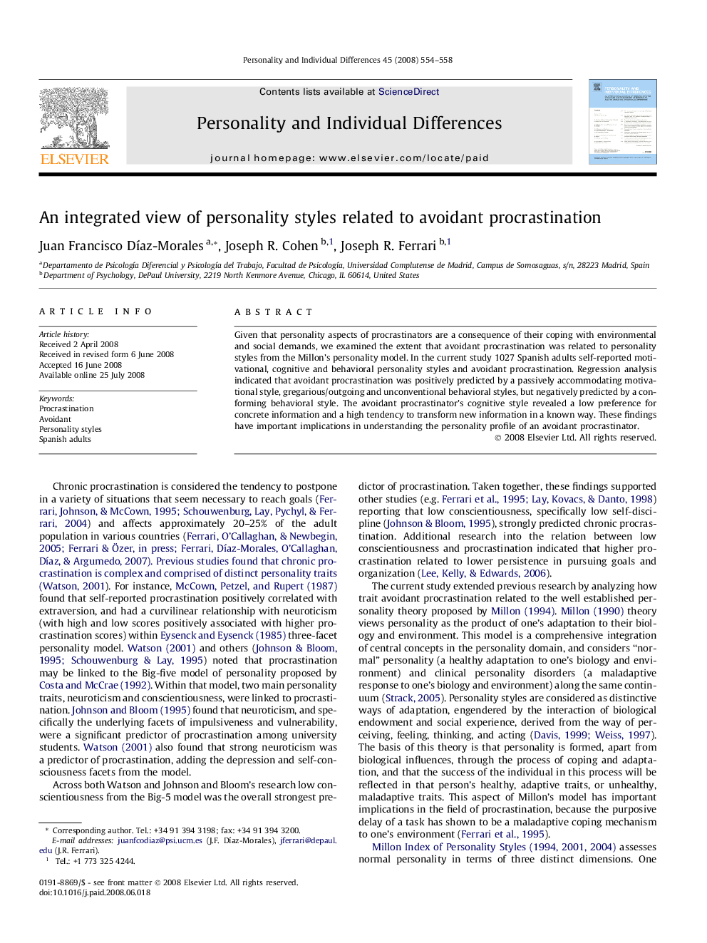 An integrated view of personality styles related to avoidant procrastination