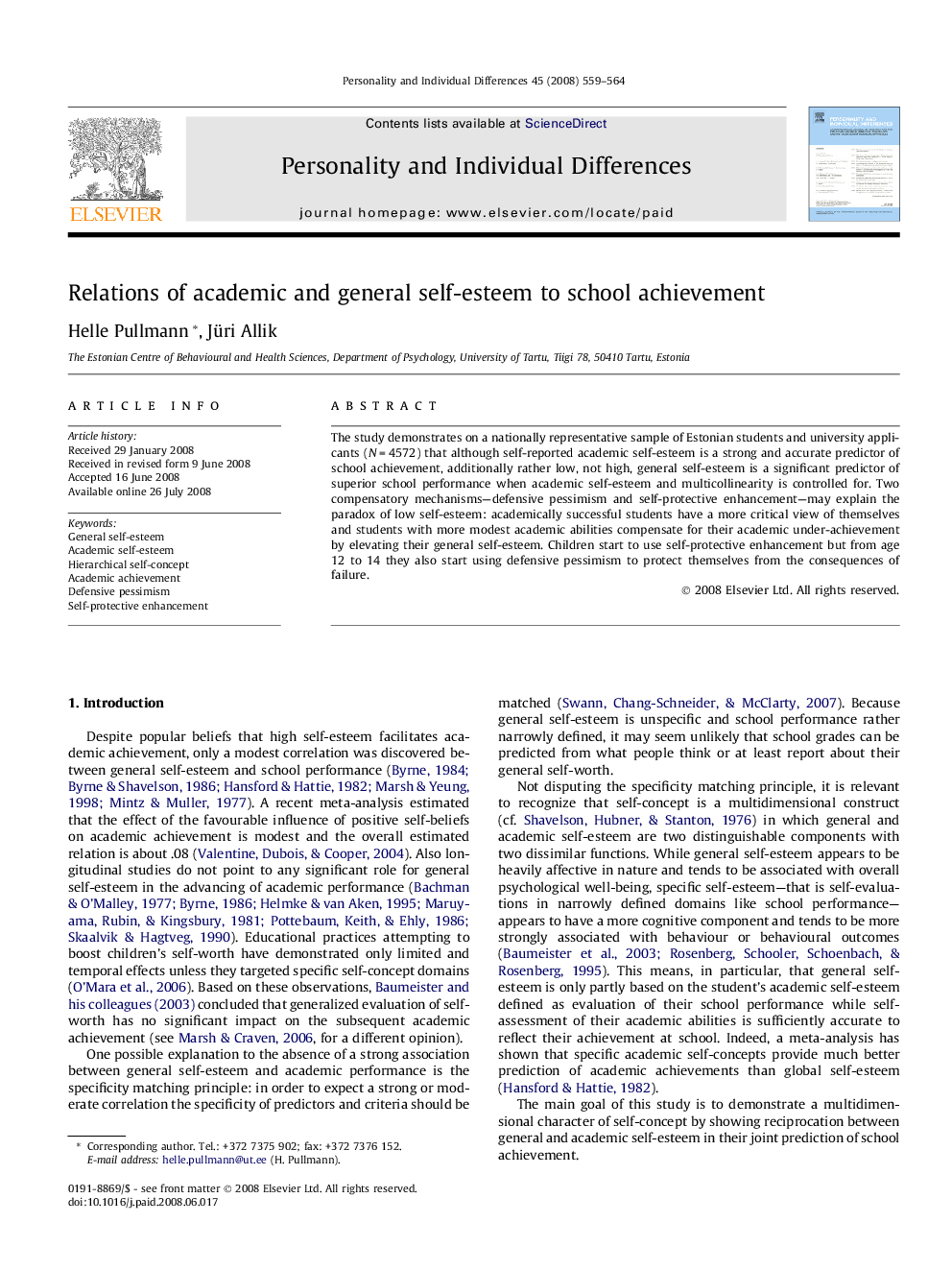 Relations of academic and general self-esteem to school achievement