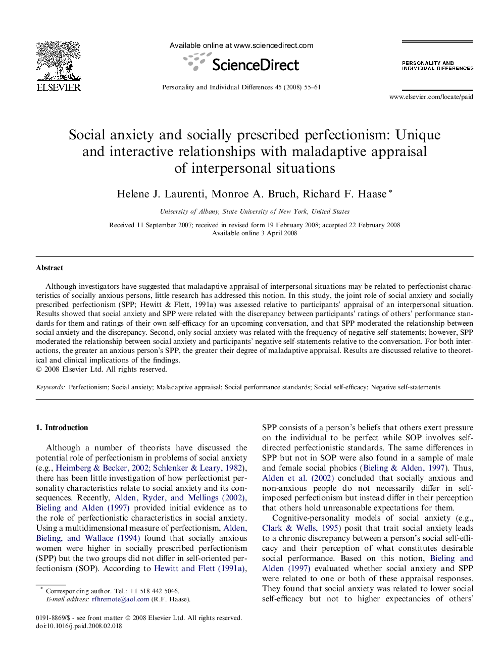 Social anxiety and socially prescribed perfectionism: Unique and interactive relationships with maladaptive appraisal of interpersonal situations