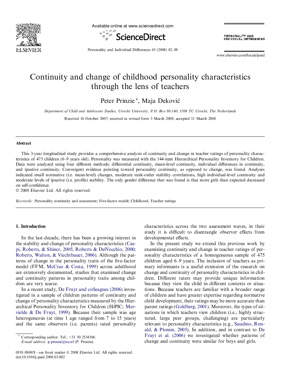 Continuity and change of childhood personality characteristics through the lens of teachers