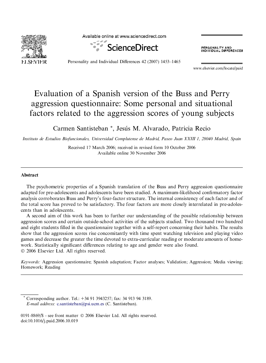 Evaluation of a Spanish version of the Buss and Perry aggression questionnaire: Some personal and situational factors related to the aggression scores of young subjects