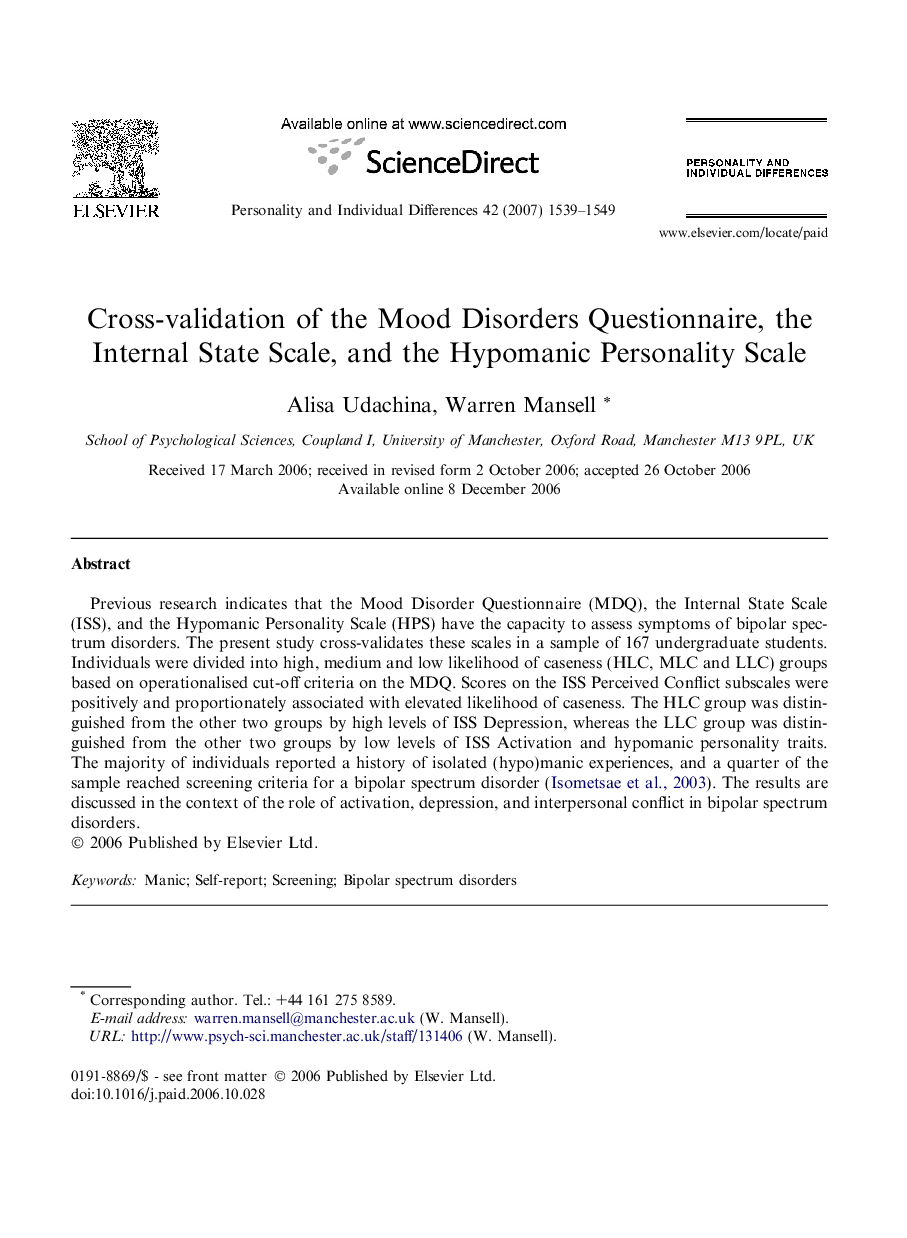 Cross-validation of the Mood Disorders Questionnaire, the Internal State Scale, and the Hypomanic Personality Scale