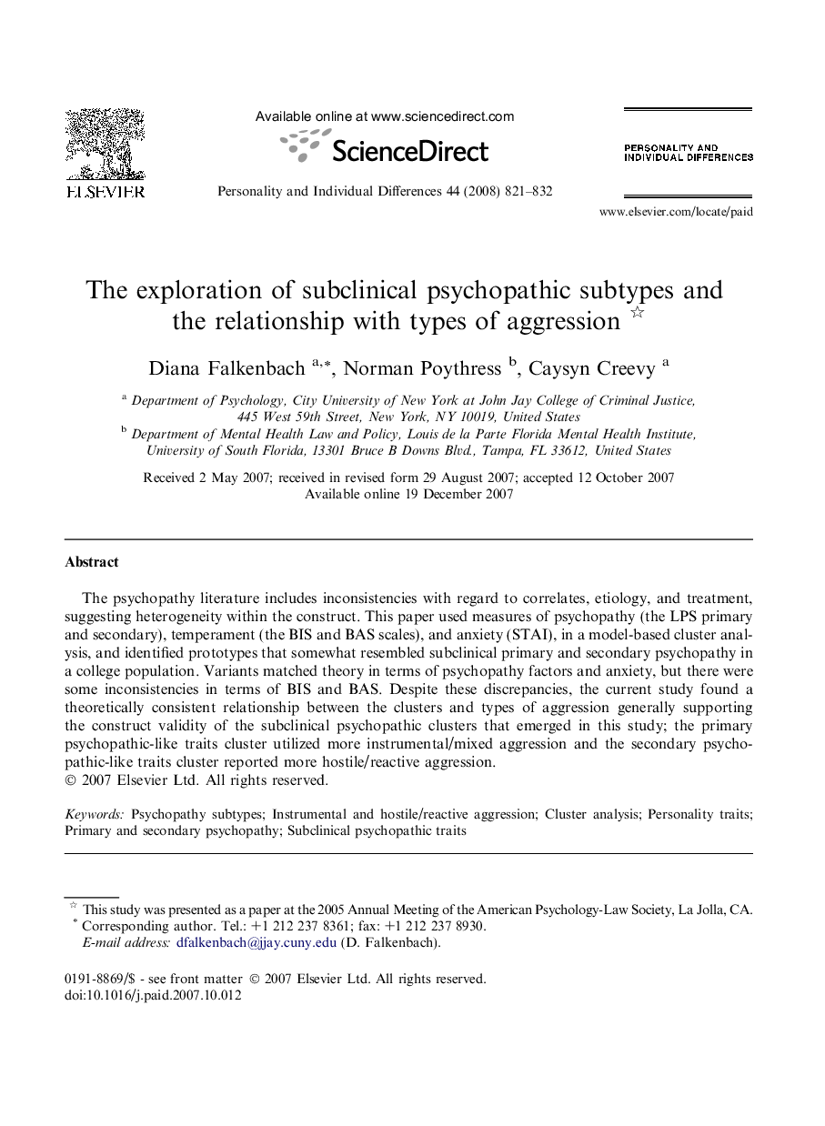 The exploration of subclinical psychopathic subtypes and the relationship with types of aggression 