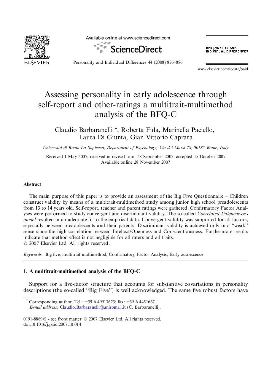 Assessing personality in early adolescence through self-report and other-ratings a multitrait-multimethod analysis of the BFQ-C