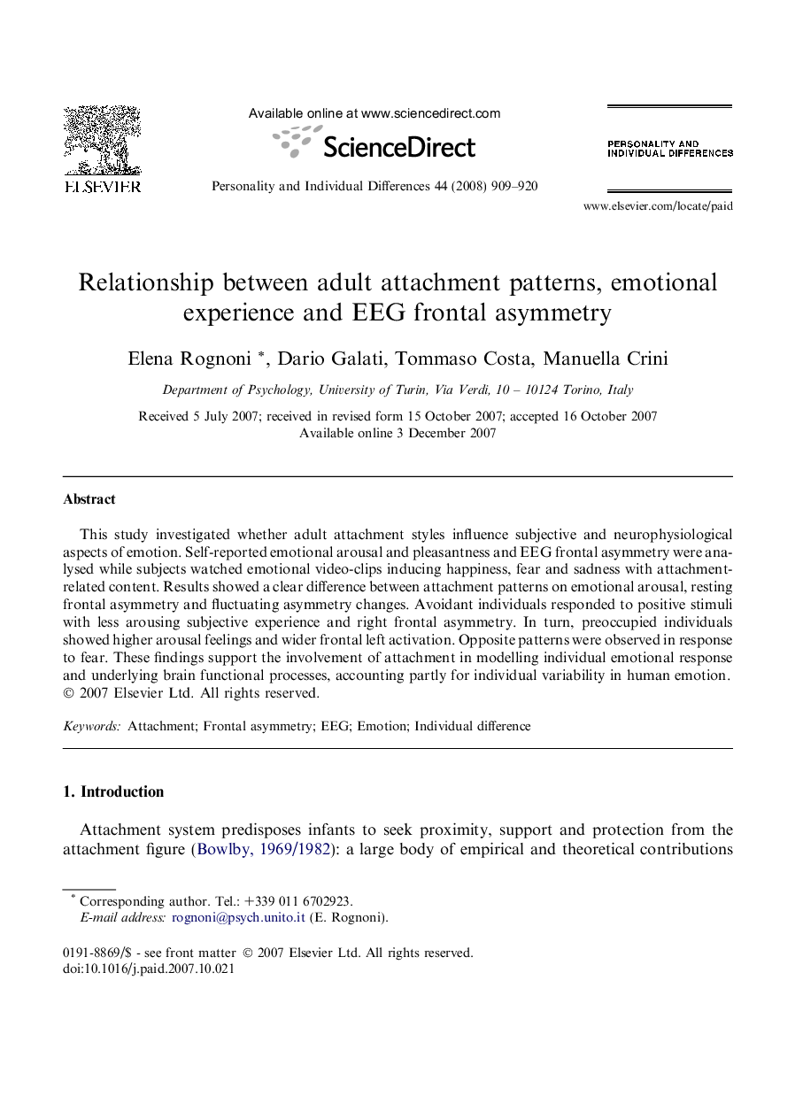 Relationship between adult attachment patterns, emotional experience and EEG frontal asymmetry