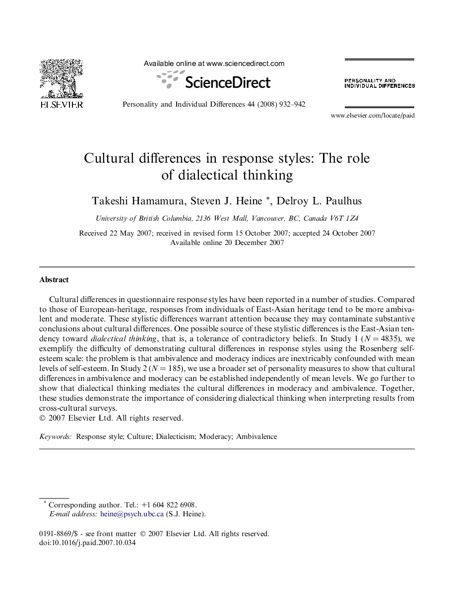 Cultural differences in response styles: The role of dialectical thinking