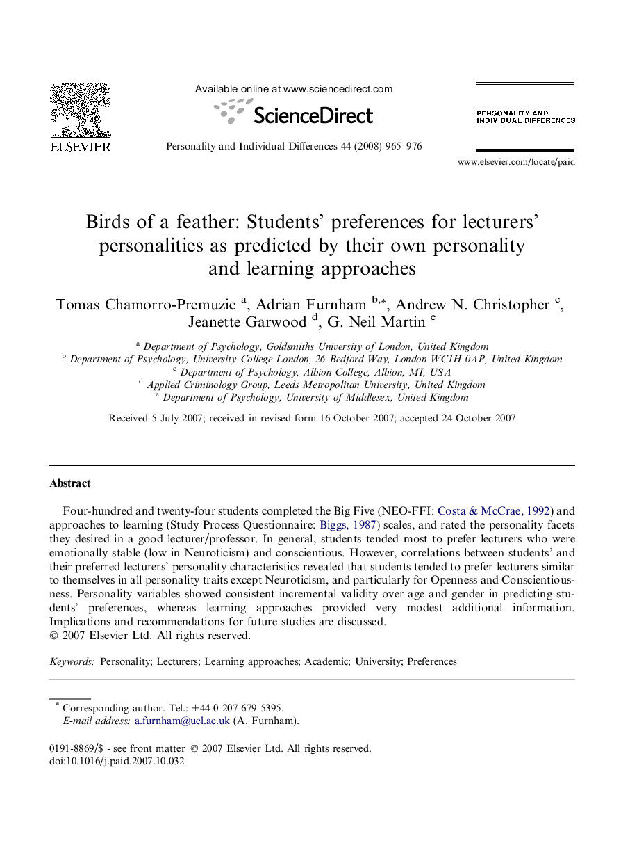 Birds of a feather: Students’ preferences for lecturers’ personalities as predicted by their own personality and learning approaches