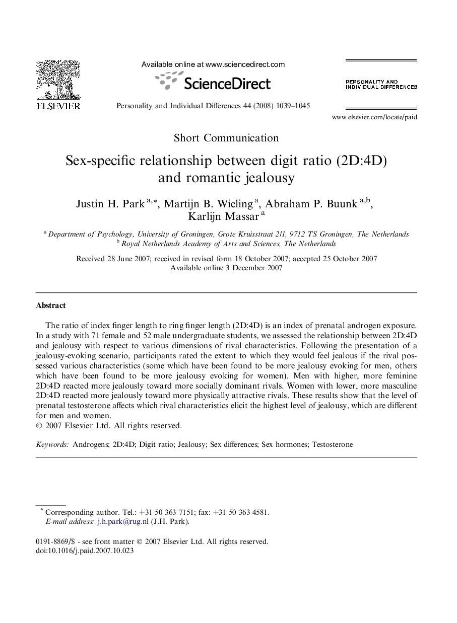 Sex-specific relationship between digit ratio (2D:4D) and romantic jealousy