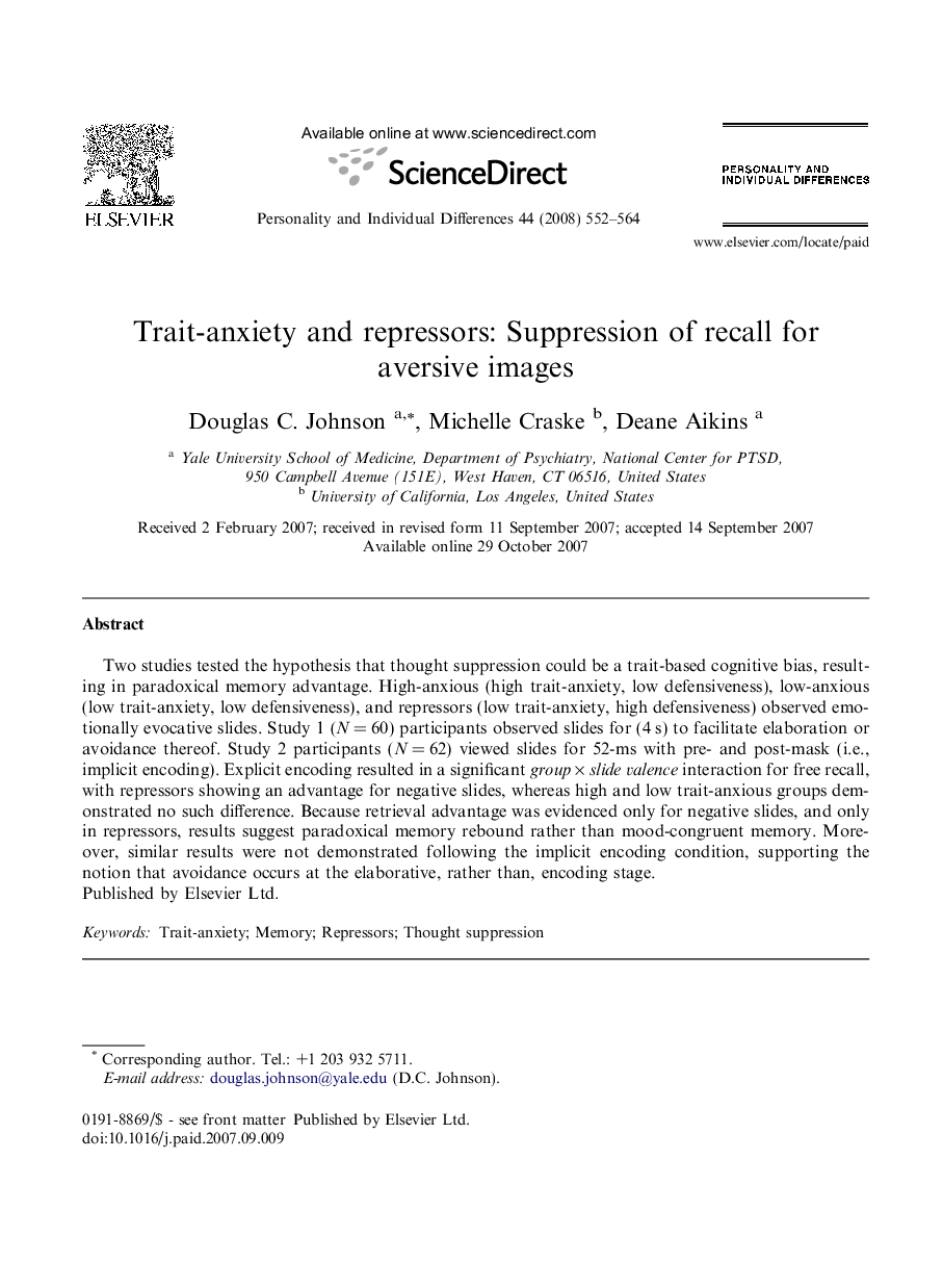 Trait-anxiety and repressors: Suppression of recall for aversive images