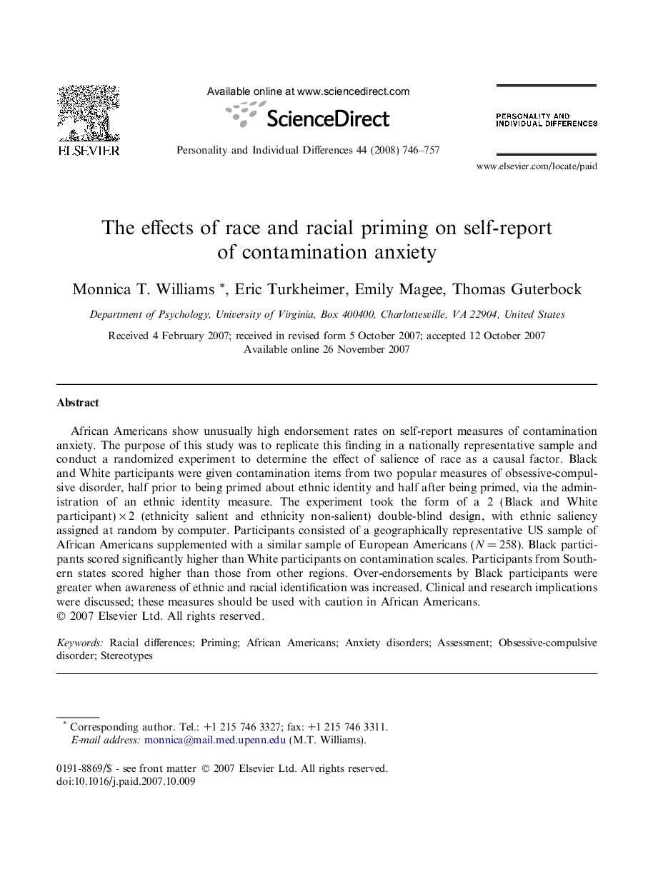 The effects of race and racial priming on self-report of contamination anxiety