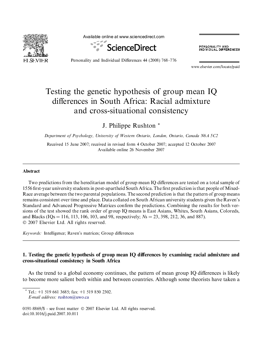 Testing the genetic hypothesis of group mean IQ differences in South Africa: Racial admixture and cross-situational consistency