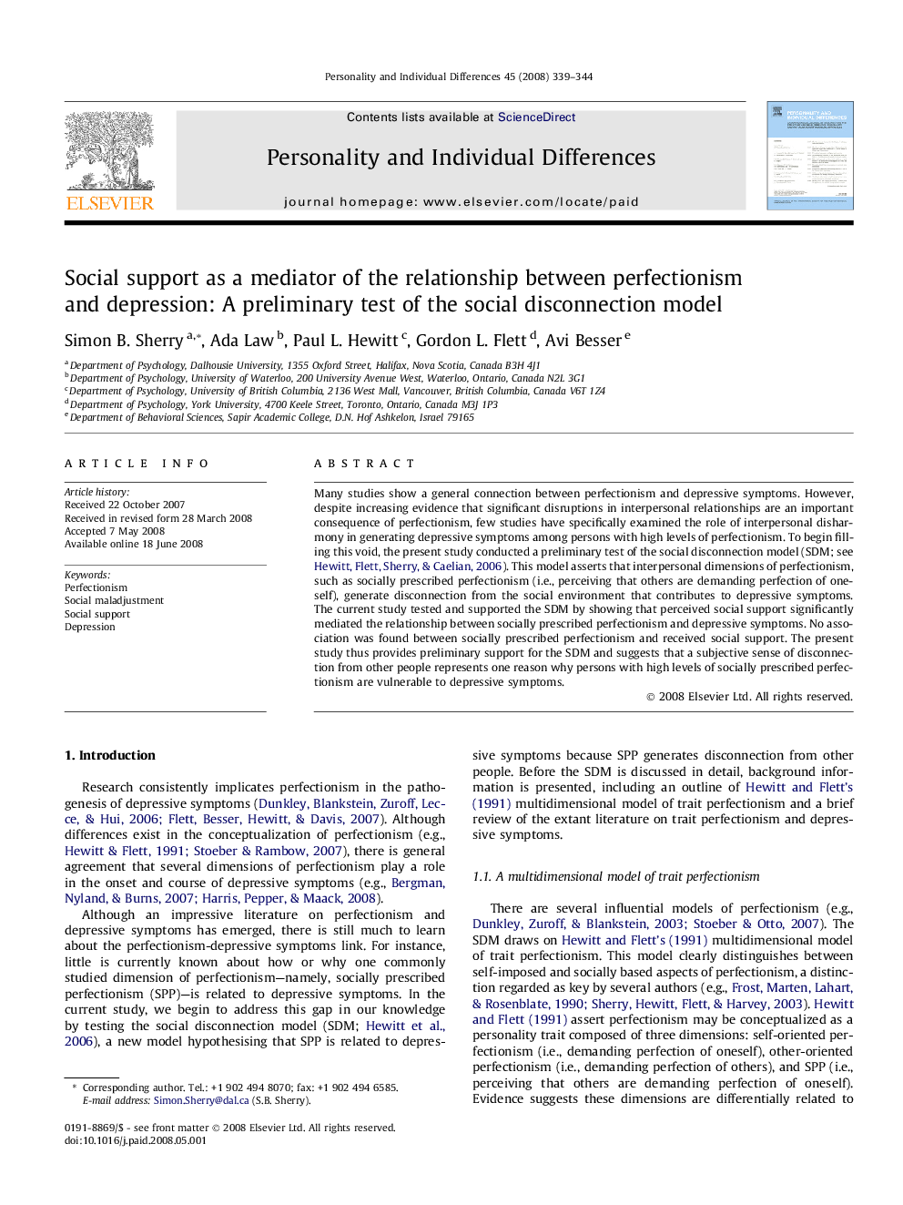 Social support as a mediator of the relationship between perfectionism and depression: A preliminary test of the social disconnection model