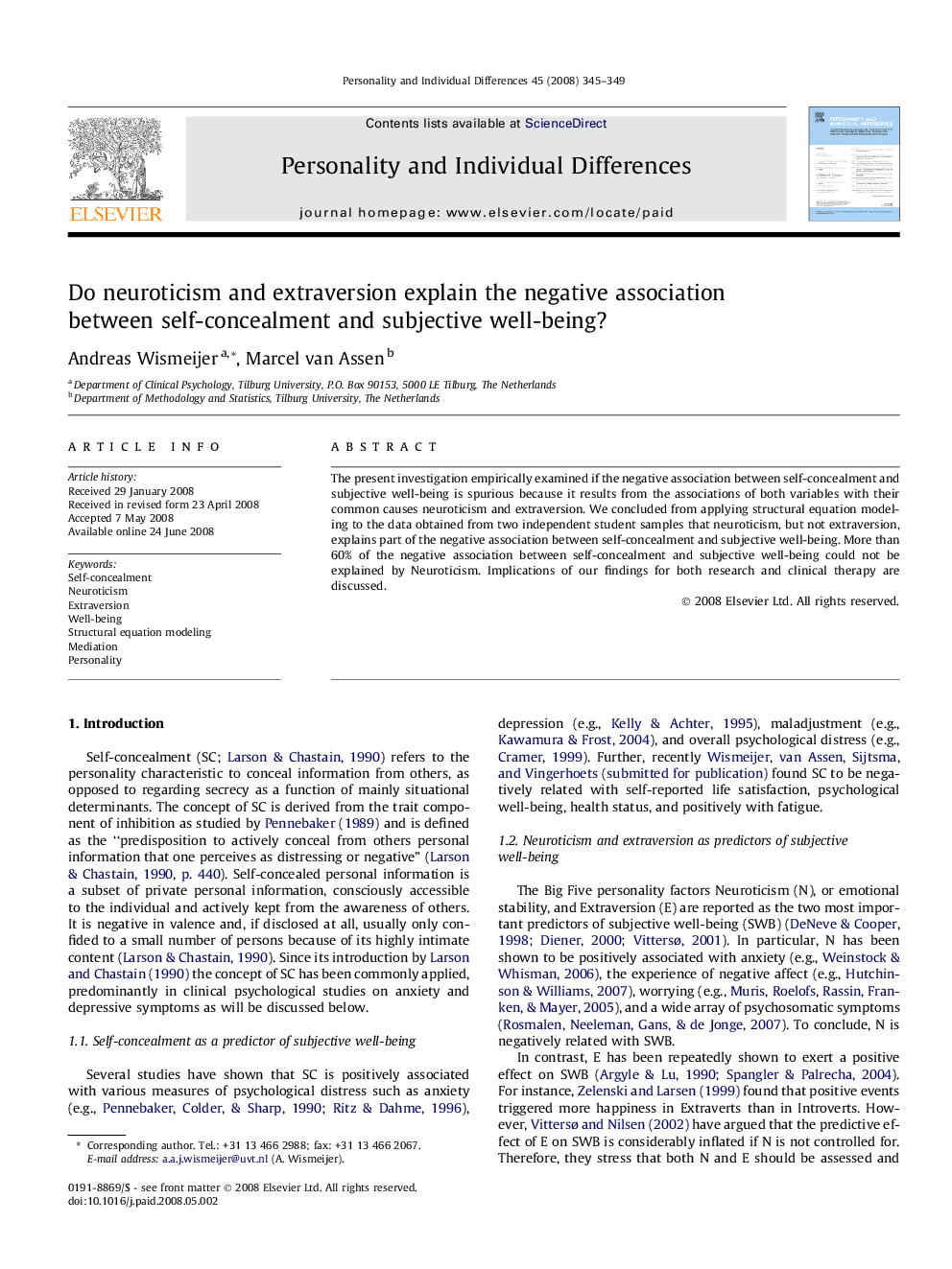 Do neuroticism and extraversion explain the negative association between self-concealment and subjective well-being?