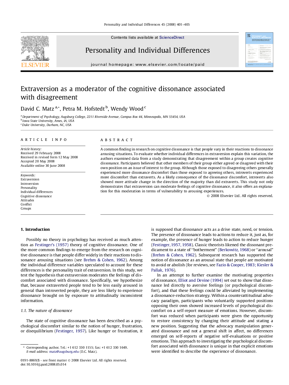 Extraversion as a moderator of the cognitive dissonance associated with disagreement