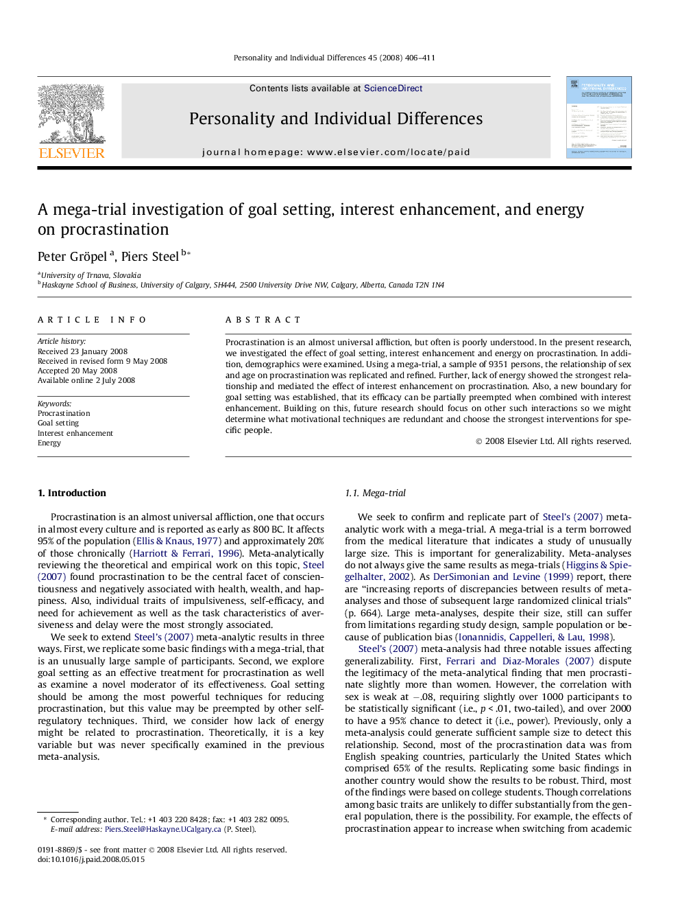 A mega-trial investigation of goal setting, interest enhancement, and energy on procrastination