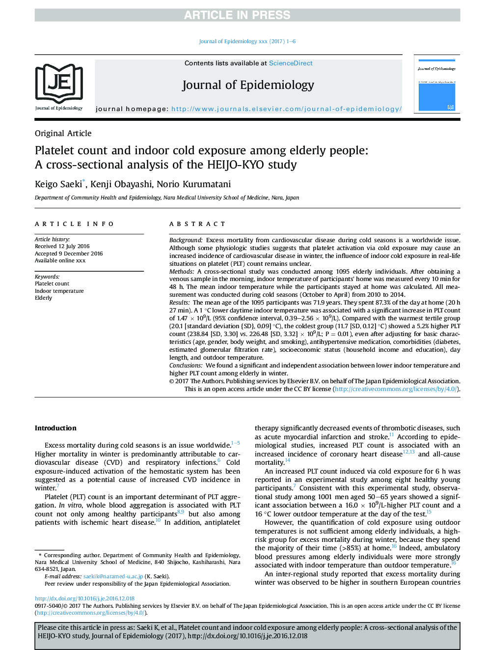 Platelet count and indoor cold exposure among elderly people: AÂ cross-sectional analysis of the HEIJO-KYO study