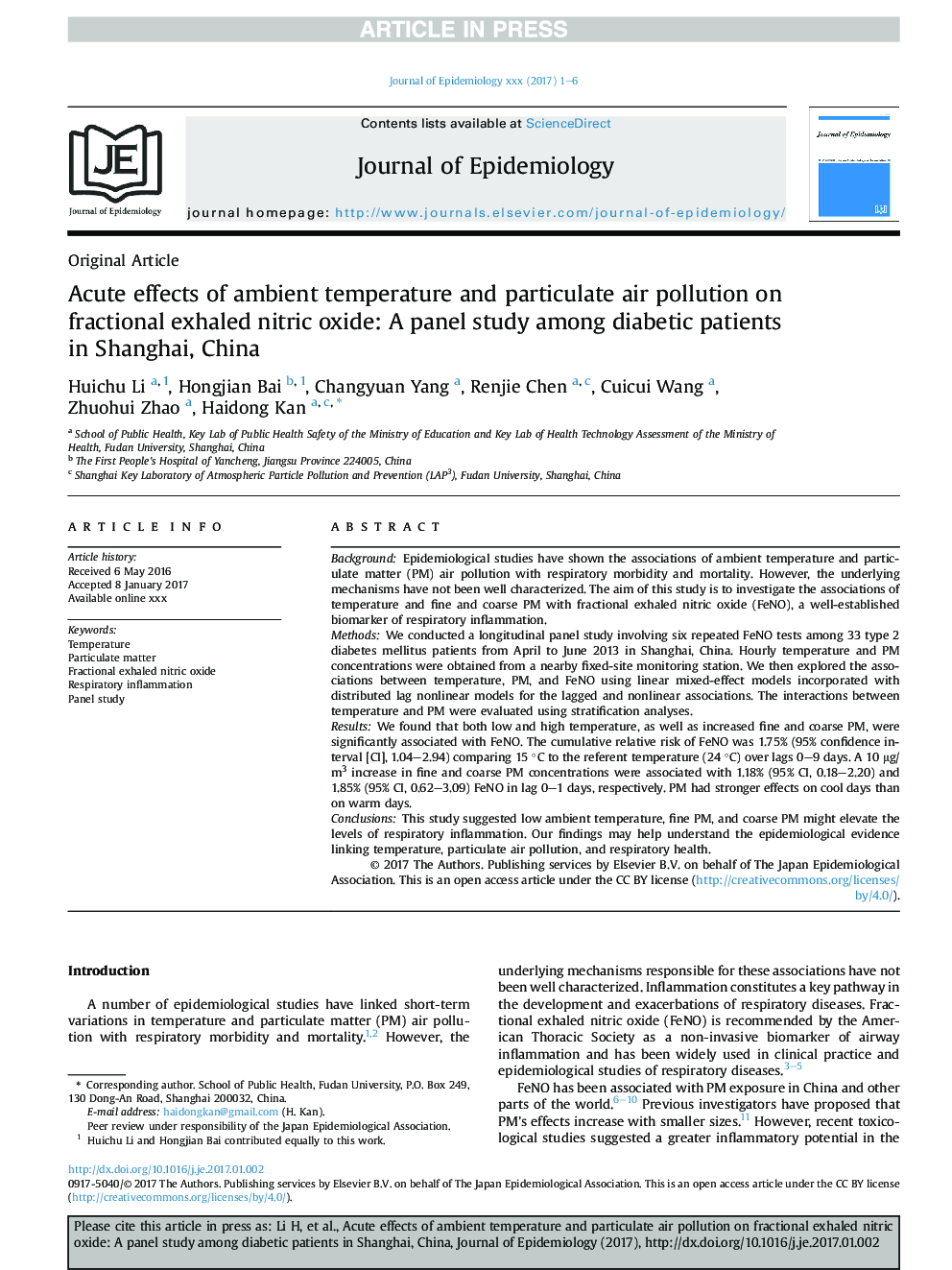 اثرات حادثه دمای محیط و آلودگی هوا بر میزان اکسید نیتریک اکسید کسر شده: یک مطالعه پانل در میان بیماران دیابتی در شانگهای، چین 