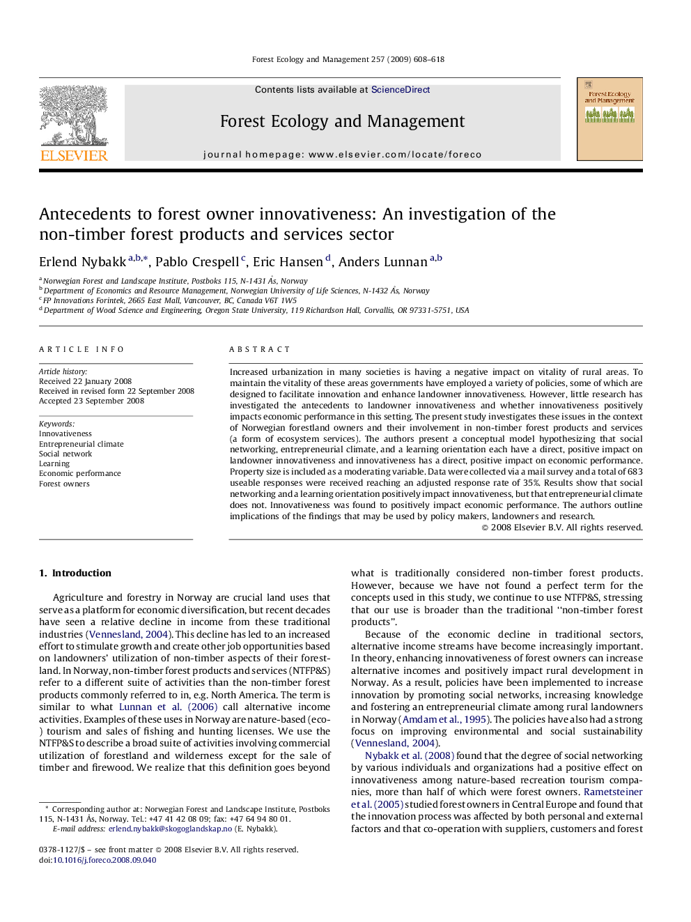 Antecedents to forest owner innovativeness: An investigation of the non-timber forest products and services sector